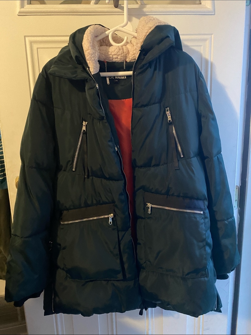 Steve Madden Dark Green Quilted Puffer Coat with Sherpa Hood